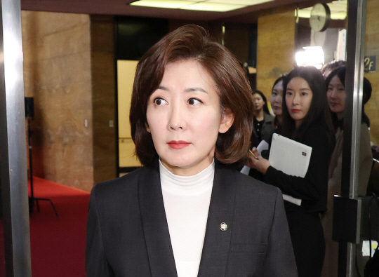 나경원 국민의힘 의원이 6일 오후 국회 본청에서 열린 한동훈 당대표 주재 5·6선 중진 의원 간담회에 참석하기 위해 국민의힘 대표실로 이동하고 있다.<연합뉴스 사진>